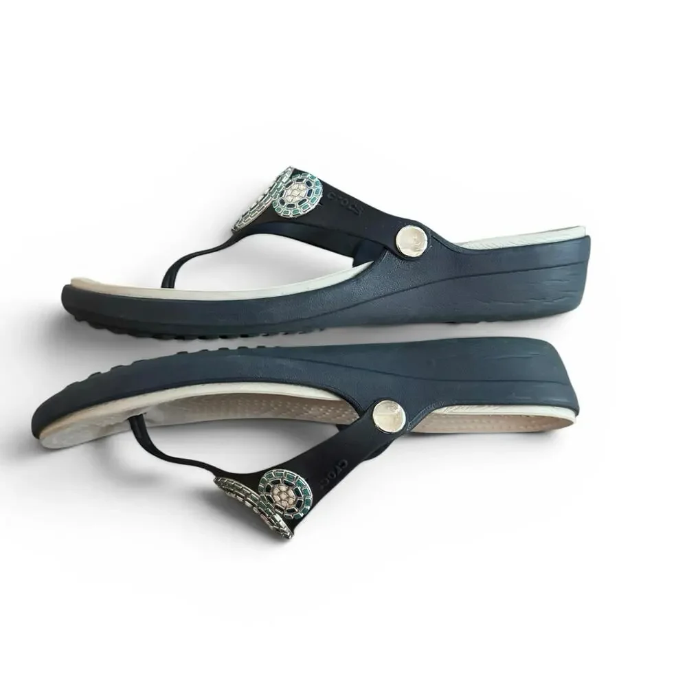 Crocs Women's Sanrah Diamante Navy Wedge Flip Sandals Studded Accent Size 11 - Picture 8 of 10